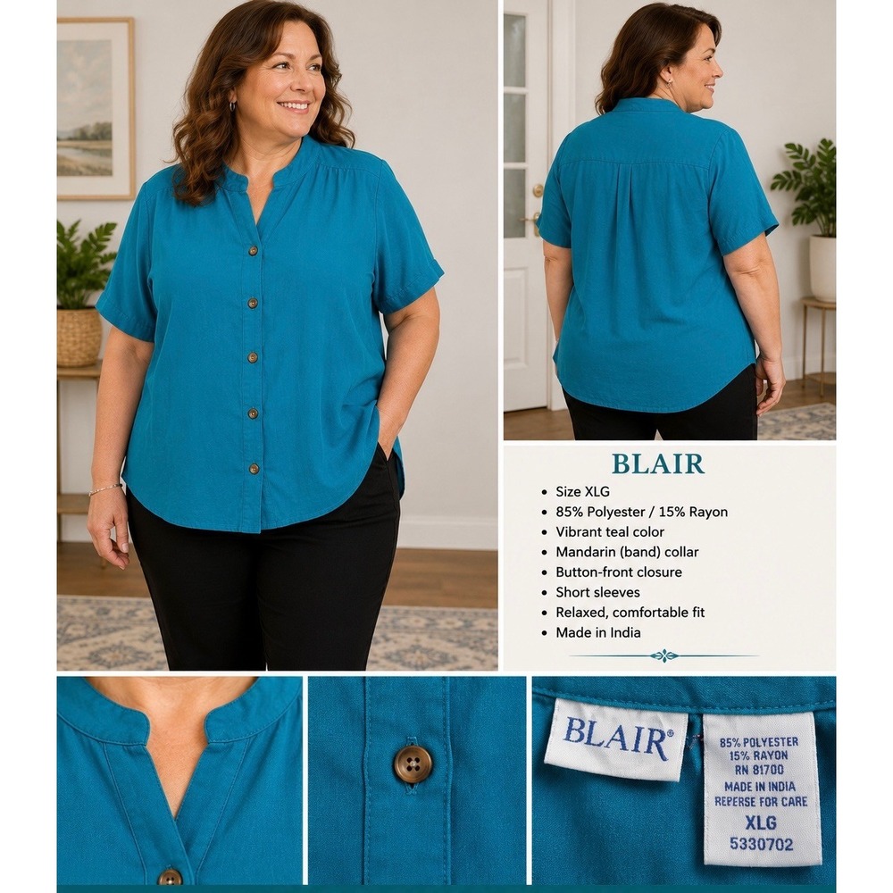 Blair Teal Mandarin Collar Button Front Blouse 3/4 Sleeve XLG 5330702